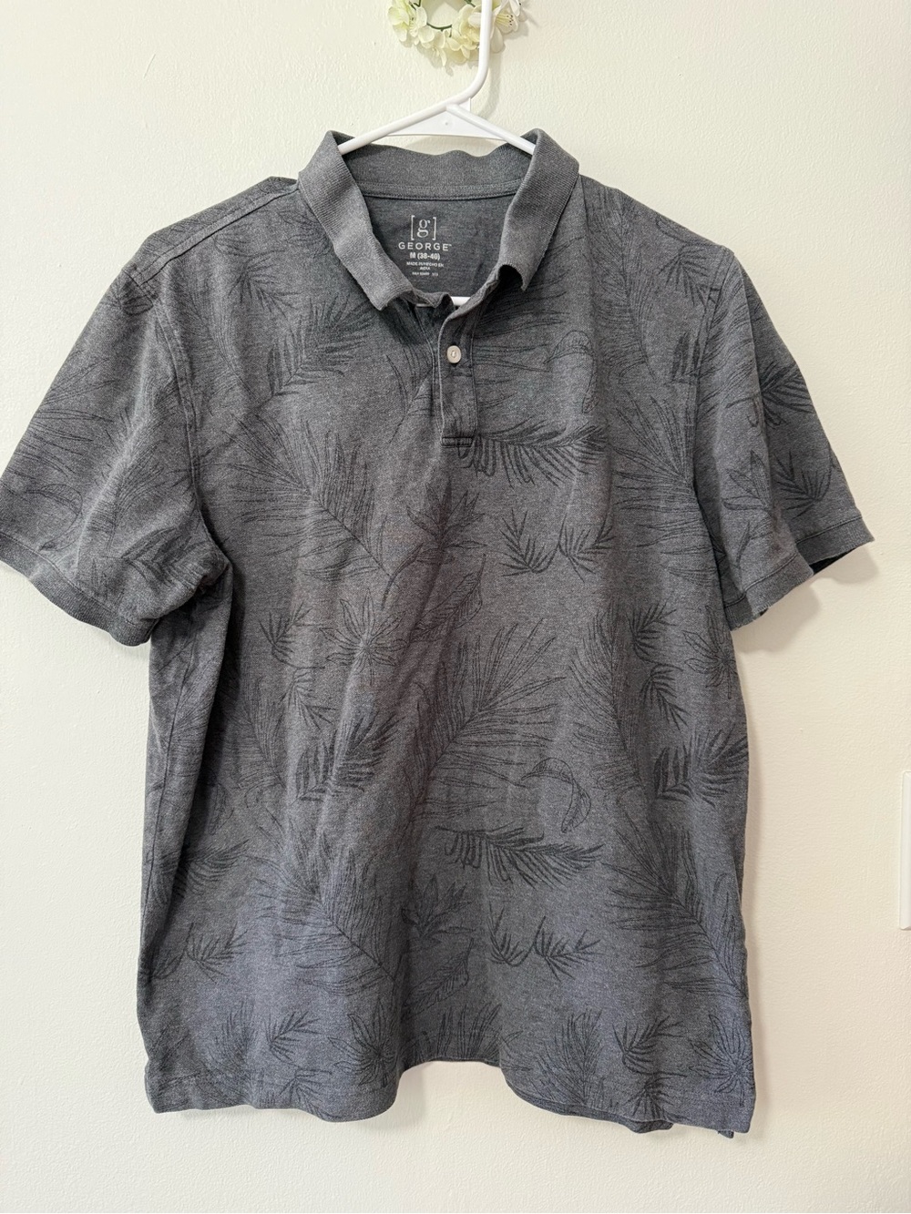 George Men's Charcoal Gray Polo with Subtle Leaf Print